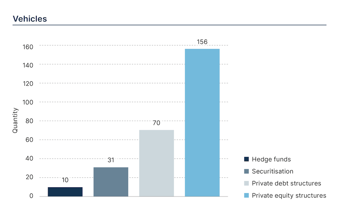 Alternative Investments, graph vehicles: hedge funds, securitisation, private debt structures, private equity structures